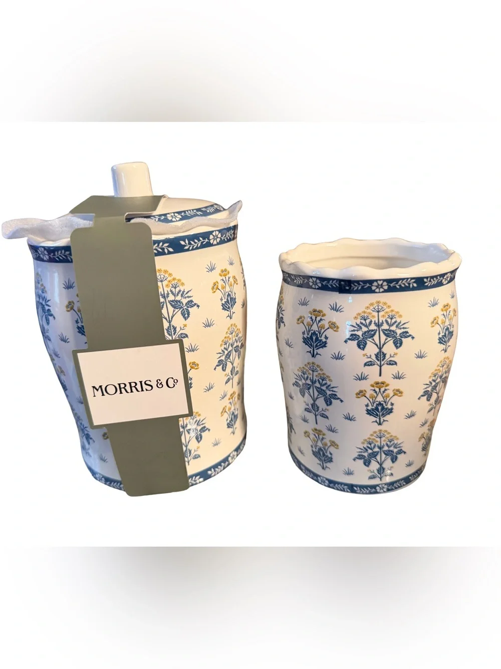 Morris & Co NWT 2pcs Yellow Blue & White Daisy Ceramic Canister Vanity Set